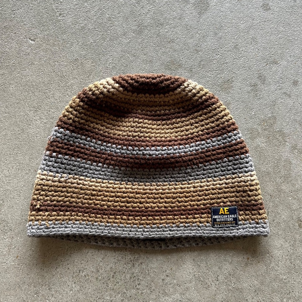 Vintage American Eagle Knit Beanie Hat Cap One Size Brown Striped Winter